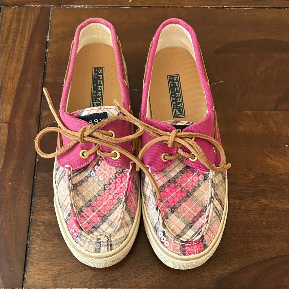 Sperry Pink Plaid Sequin Top-Siders with Tan Laces